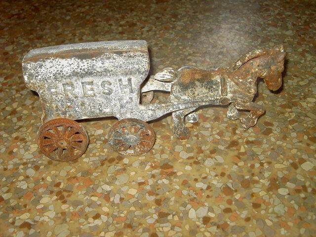 FRESH MILK WAGON HORSE CART CAST IRON TOY