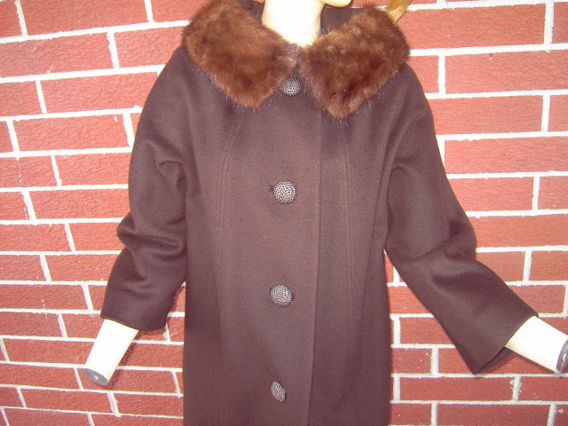 DEL MAR RICE LADIES WINTER COAT MINK FUR COLLAR BROWN COLOR 1950'S