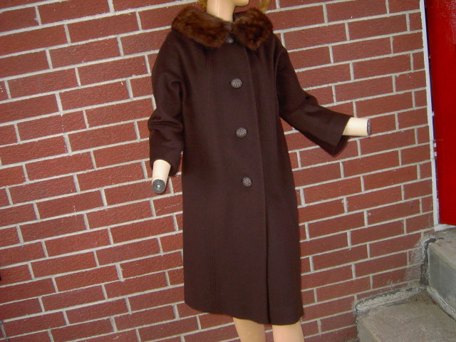 DEL MAR RICE LADIES WINTER COAT MINK FUR COLLAR BROWN COLOR 1950'S