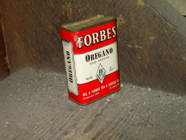 FORBES OREGANO CAN SPICE CANNISTER ST LOUIS MISSOURI TEA COFFEE COMPANY ADVERTISING