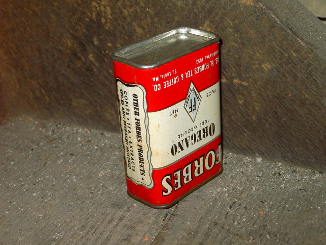 FORBES OREGANO CAN SPICE CANNISTER ST LOUIS MISSOURI TEA COFFEE COMPANY ADVERTISING