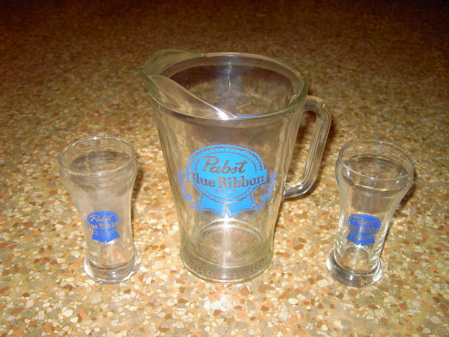 PABST BLUE RIBBON BEER PITCHER BAR GLASS TUMBLER SET
