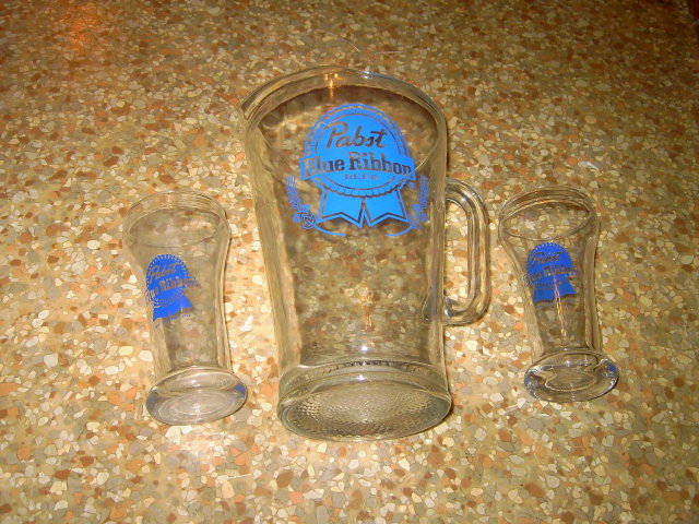 PABST BLUE RIBBON BEER PITCHER BAR GLASS TUMBLER SET