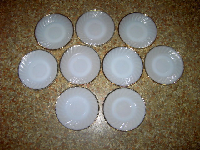 FIREKING WHITE GLASS SAUCER SWIRL PATTERN GOLD RIM GLASSWARE
