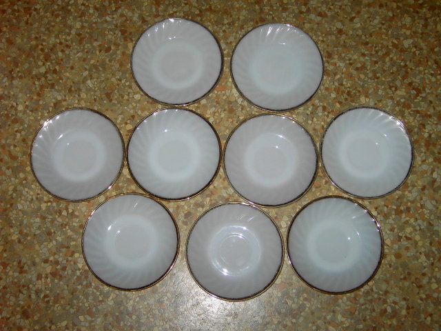 FIREKING WHITE GLASS SAUCER SWIRL PATTERN GOLD RIM GLASSWARE