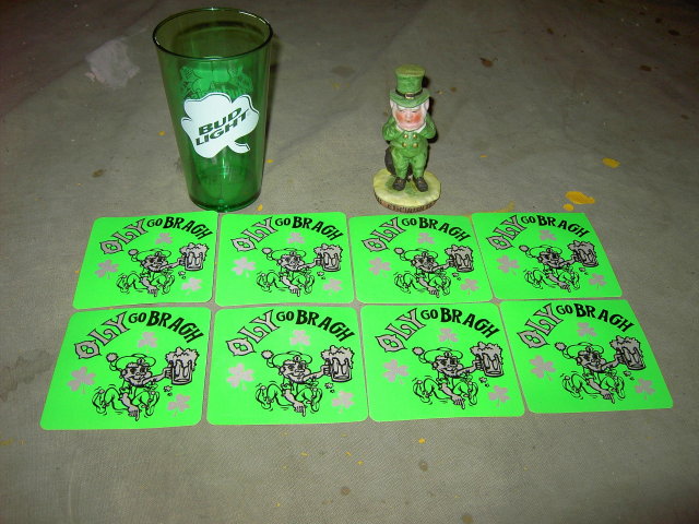 SAINT PATRICKS DAY IRISH TOAST FIGURINE OLY OLYMPIA BEER STICKER DECAL BUDWEISER BUD LIGHT GREEN PLASTIC SHAMROCK TUMBLER CUP
