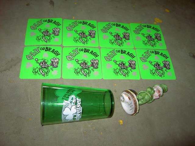 SAINT PATRICKS DAY IRISH TOAST FIGURINE OLY OLYMPIA BEER STICKER DECAL BUDWEISER BUD LIGHT GREEN PLASTIC SHAMROCK TUMBLER CUP