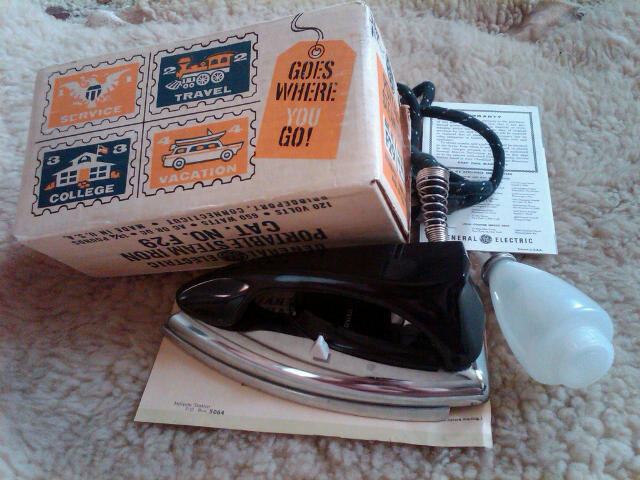 General Electric Travel Style Portable Steam Iron Bridgeport Connecticut Advertising Box Early Retro Era Seamstress Appliance