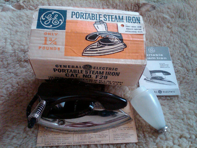 General Electric Travel Style Portable Steam Iron Bridgeport Connecticut Advertising Box Early Retro Era Seamstress Appliance