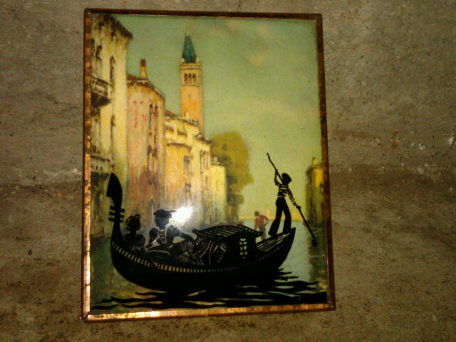 ROMANTIC COUPLE ROWBOAT SILHOUETTE CURVED GLASS PICTURE EUROPEAN HOUSE BOAT PRINT