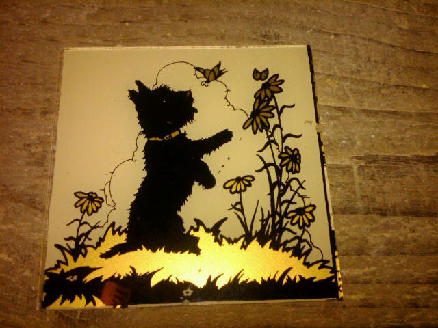 BLACK SCOTTY DOG SILHOUETTE REVERSE PAINTED GLASS SQUARE WALL DECORATION