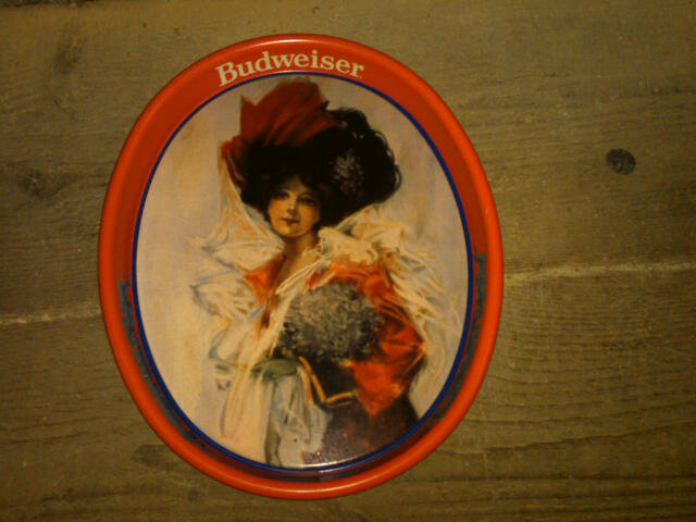 ANHEUSER BUSCH BUDWEISER BEER BEVERAGE SERVING TRAY BEAUTIFUL VICTORIAN GIRL PAINTED STEEL PLATTER