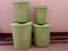 TUPPERWARE DRY GOODS STORAGE CANNISTER GREEN WHITE PLASTIC TUB NESTING STYLE CONTAINER UTENSIL