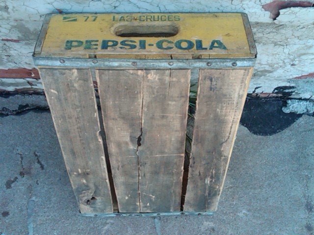 LAS CRUCES NEW MEXICO TOWN STAMP ADVERTISING WOOD BOX PEPSI COLA SOFT DRINK BOTTLE TOTE SODA POP CARRIER CASE CRATE
