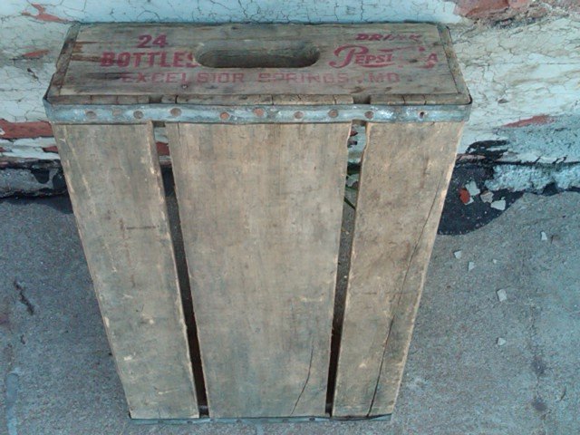 EXCELSIOR SPRINGS MISSOURI TOWN ADVERTISING WOODEN BOX PEPSI COLA SODA POP BOTTLE TOTE SOFT DRINK CARRIER CASE