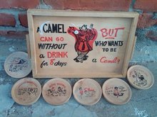 CAMEL GAG GIRLY CARTOON STYLE BAR TRAY 1950'S ERA NOVELTY COASTER SET LOUNGE ACCESSORY
