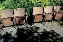 5 Antique Art Deco Theater Seats.From the Old Meridian Theater in Puyallup WA. Wood, Iron Folding seats all original