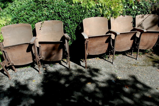 5 Antique Art Deco Theater Seats.From the Old Meridian Theater in Puyallup WA. Wood, Iron Folding seats all original