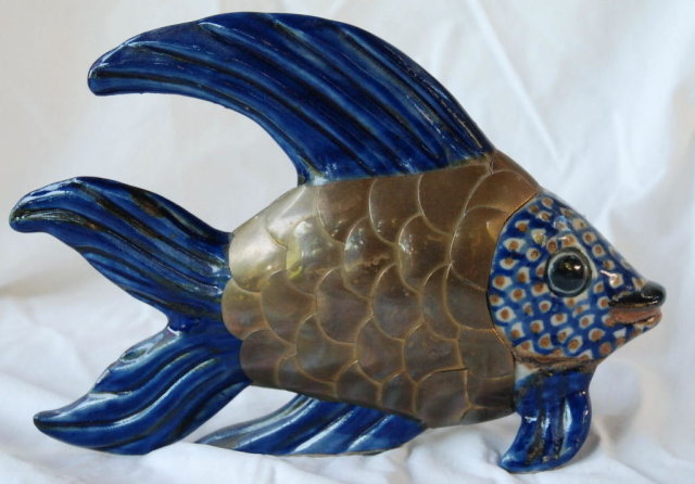 Old Mexican Brass & Talavera Majolica Pottery Fish Sculpture