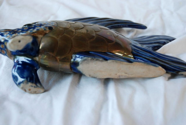 Old Mexican Brass & Talavera Majolica Pottery Fish Sculpture