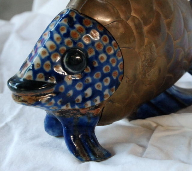 Old Mexican Brass & Talavera Majolica Pottery Fish Sculpture