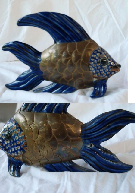 Old Mexican Brass & Talavera Majolica Pottery Fish Sculpture