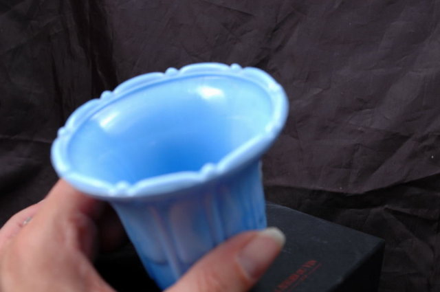 Akro Agate Fluted Vase Pot Slag Glass Delphite Blue Vintage Art Deco
