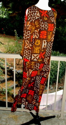 Pomare'Tahiti Retro Hawaiian Barkcloth Dress Slit Open Shoulders and Flared Sleeves