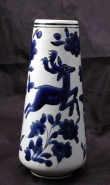 White Porcelain Vase with Cobalt Blue Enameling Deer and Flowers, Marked Dakas Rodos