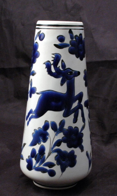 White Porcelain Vase with Cobalt Blue Enameling Deer and Flowers, Marked Dakas Rodos