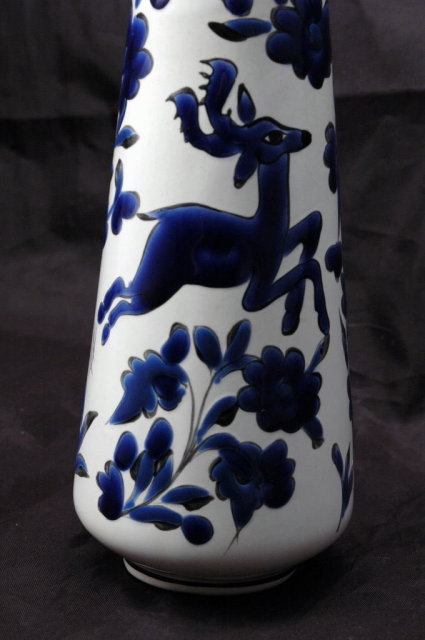 White Porcelain Vase with Cobalt Blue Enameling Deer and Flowers, Marked Dakas Rodos