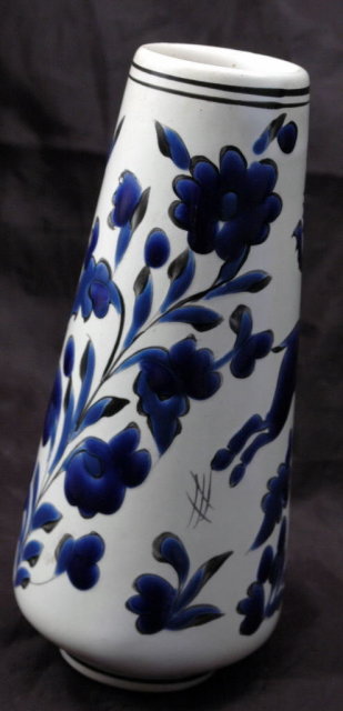 White Porcelain Vase with Cobalt Blue Enameling Deer and Flowers, Marked Dakas Rodos