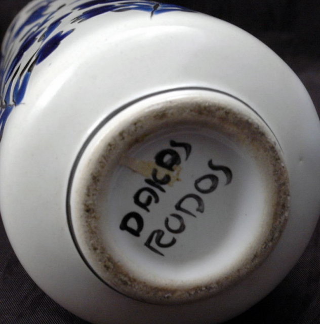 White Porcelain Vase with Cobalt Blue Enameling Deer and Flowers, Marked Dakas Rodos