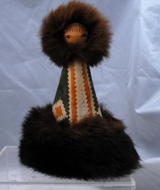 Folk ART Eskimo Leather & Fur Hand Painted Wooden Peg Doll