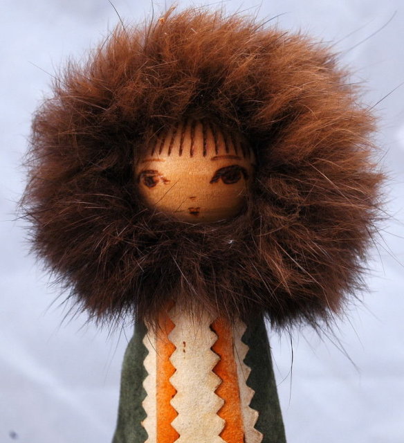 Folk ART Eskimo Leather & Fur Hand Painted Wooden Peg Doll