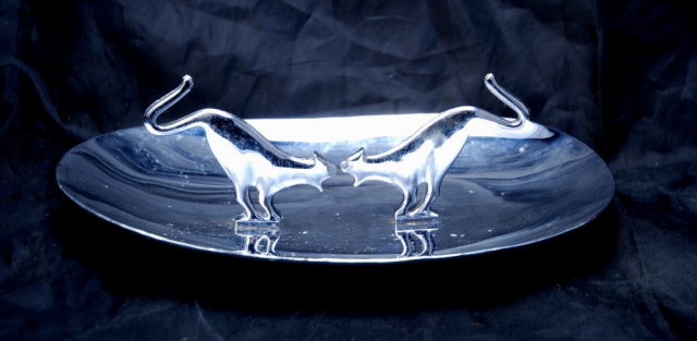 Art Deco Snarling Cat Chrome Tray