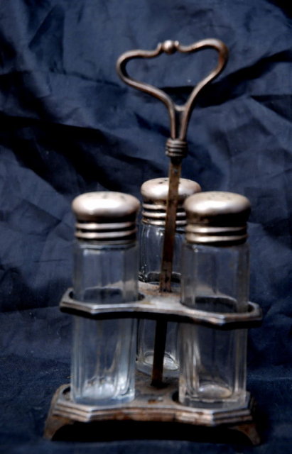 Victorian Forbes Silver Plate Co. Crystal Shakers & Caddy