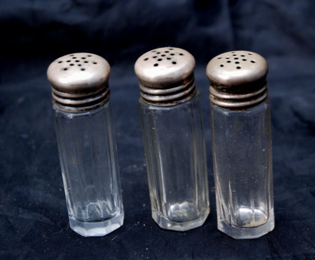 Victorian Forbes Silver Plate Co. Crystal Shakers & Caddy