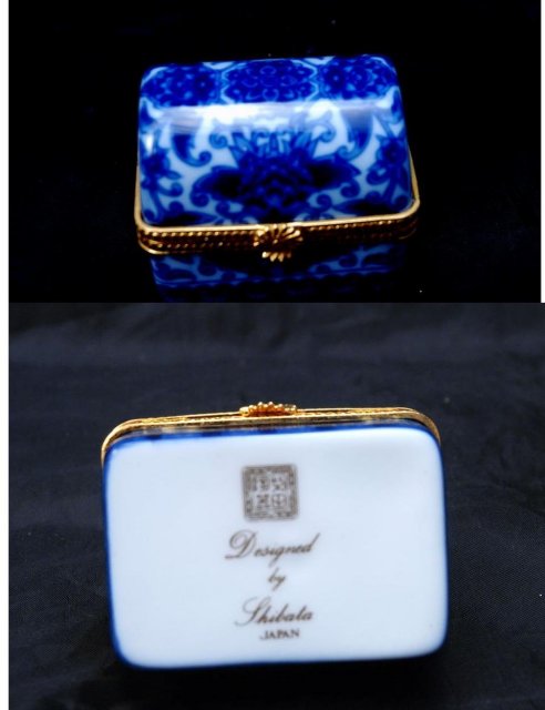 Shibata of Japan Blue White Porcelain Mini Trinket Box Chest