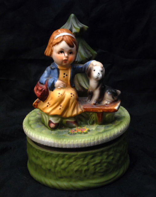 Old Bisque Rotating Music Box, Girl with Puppy **PRICE REDUCED**!