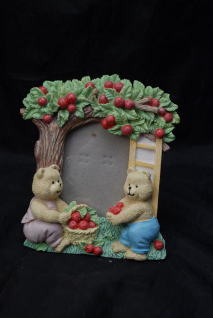 Cute Hand Painted Sculptured Bear and Apple Tree Picture Frame