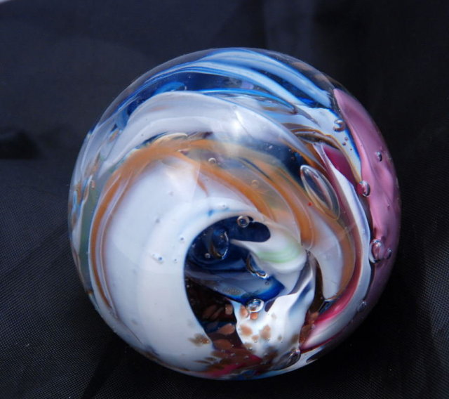 Beautiful Multi colored Swirl large Paperweight, Signed by Robert Hamon.