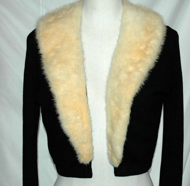 Vintage Black Cashmere Sweater with White Mink Collar.