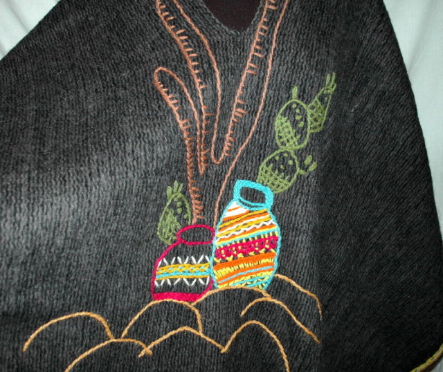 Mexican Thick Wool Poncho Serape , hand embroidered, Vintage/ Hombre Cactus Motif