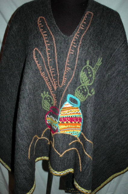 Mexican Thick Wool Poncho Serape , hand embroidered, Vintage/ Hombre Cactus Motif