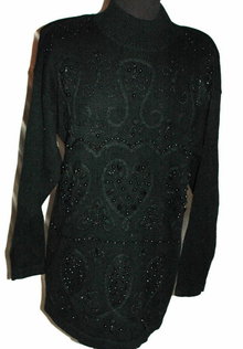 Vintage Black Beaded Sweater, Heart Motif OHI Size Med.
