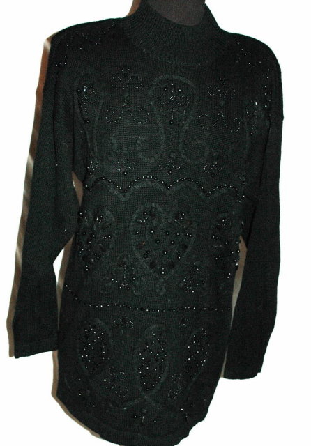 Vintage Black Beaded Sweater, Heart Motif OHI Size Med.