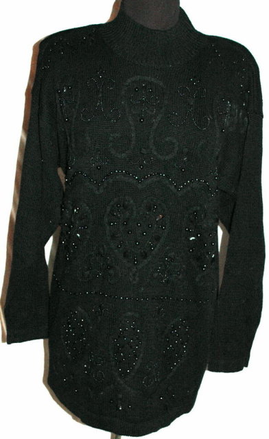 Vintage Black Beaded Sweater, Heart Motif OHI Size Med.
