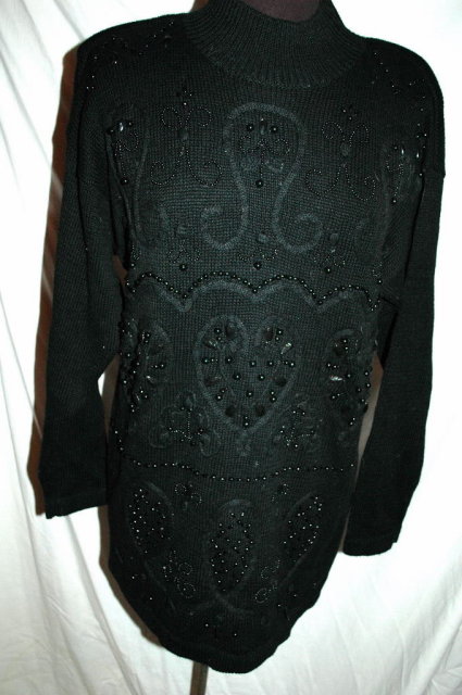 Vintage Black Beaded Sweater, Heart Motif OHI Size Med.