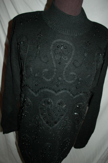 Vintage Black Beaded Sweater, Heart Motif OHI Size Med.